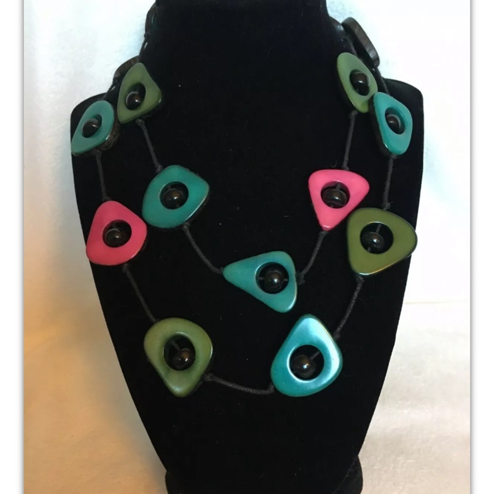 Modernist MCM Necklace Multi Color Organic Discs W Bead Center Big Statement